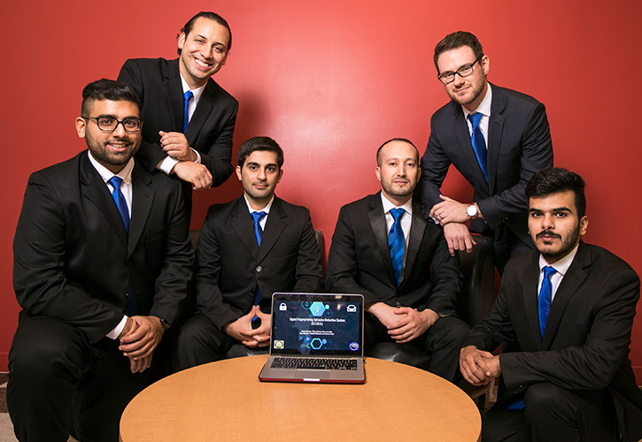 Electrical and computer engineering seniors developed a software that can identify malicious cyberattacks on a vehicle’s internal networks for their senior capstone project, “Signal Fingerprinting Intrusion Device.” From left: Chirag Sharma, Oscar Jaramillo, Borhan Fanayan, Ahmed Amkor, Ryan Davidson, and Abudullah Alkhudair.